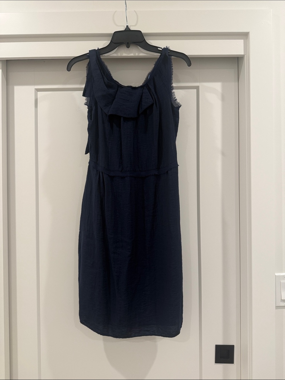 Sleeveless Navy Ruffle-Front Dress
